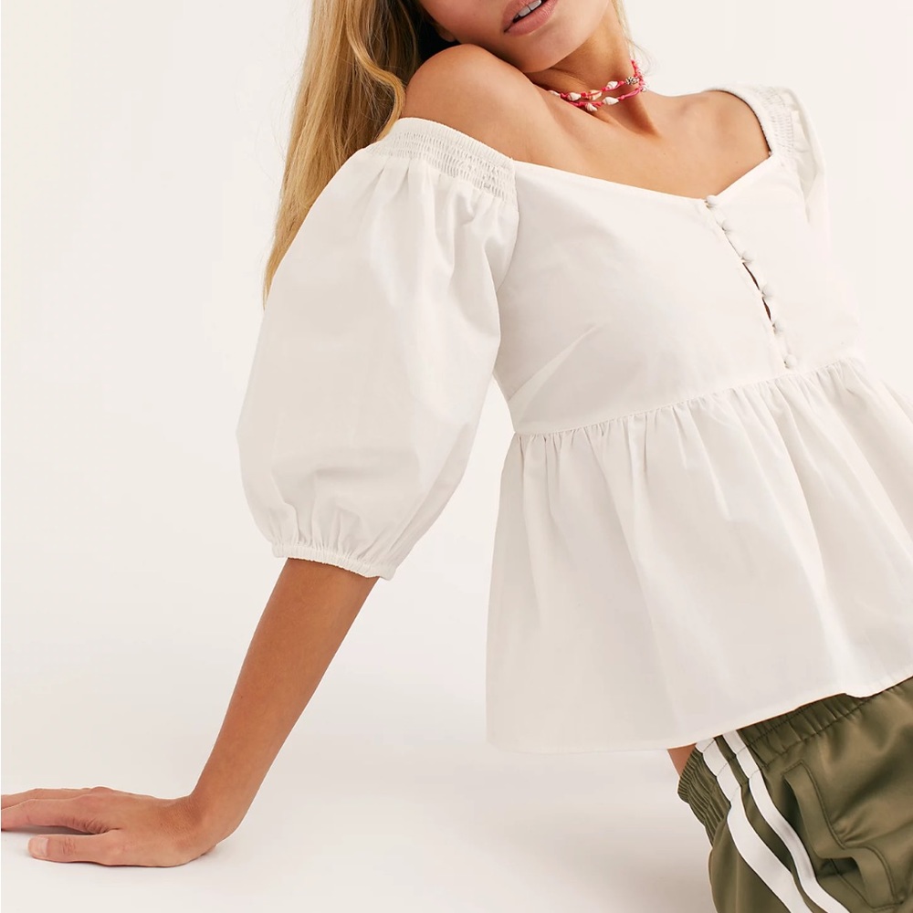 Free People Veronica White Puff Sleeve Baby Doll Blouse